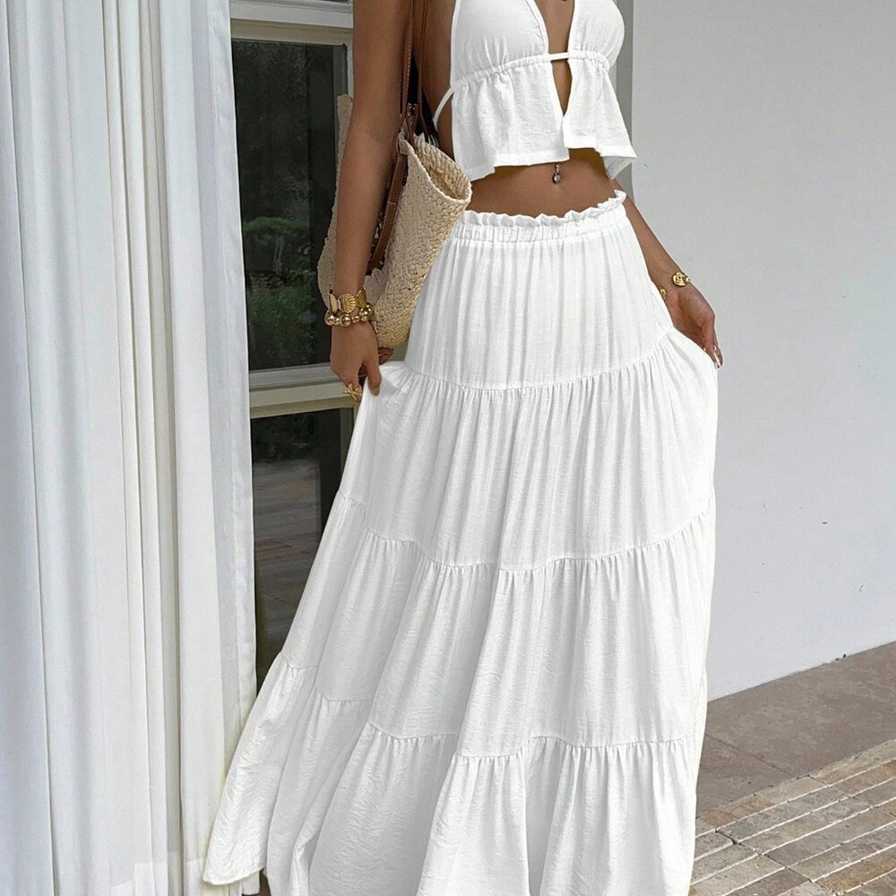 White Sexy Women's Deep V-Neck Halter Maxi Skirt Set - Picture 7 of 8